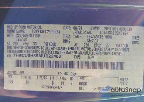 2021 Ford Escape Sel z USA, uszkodzony, nr VIN 1FMCU9H65MUB22488